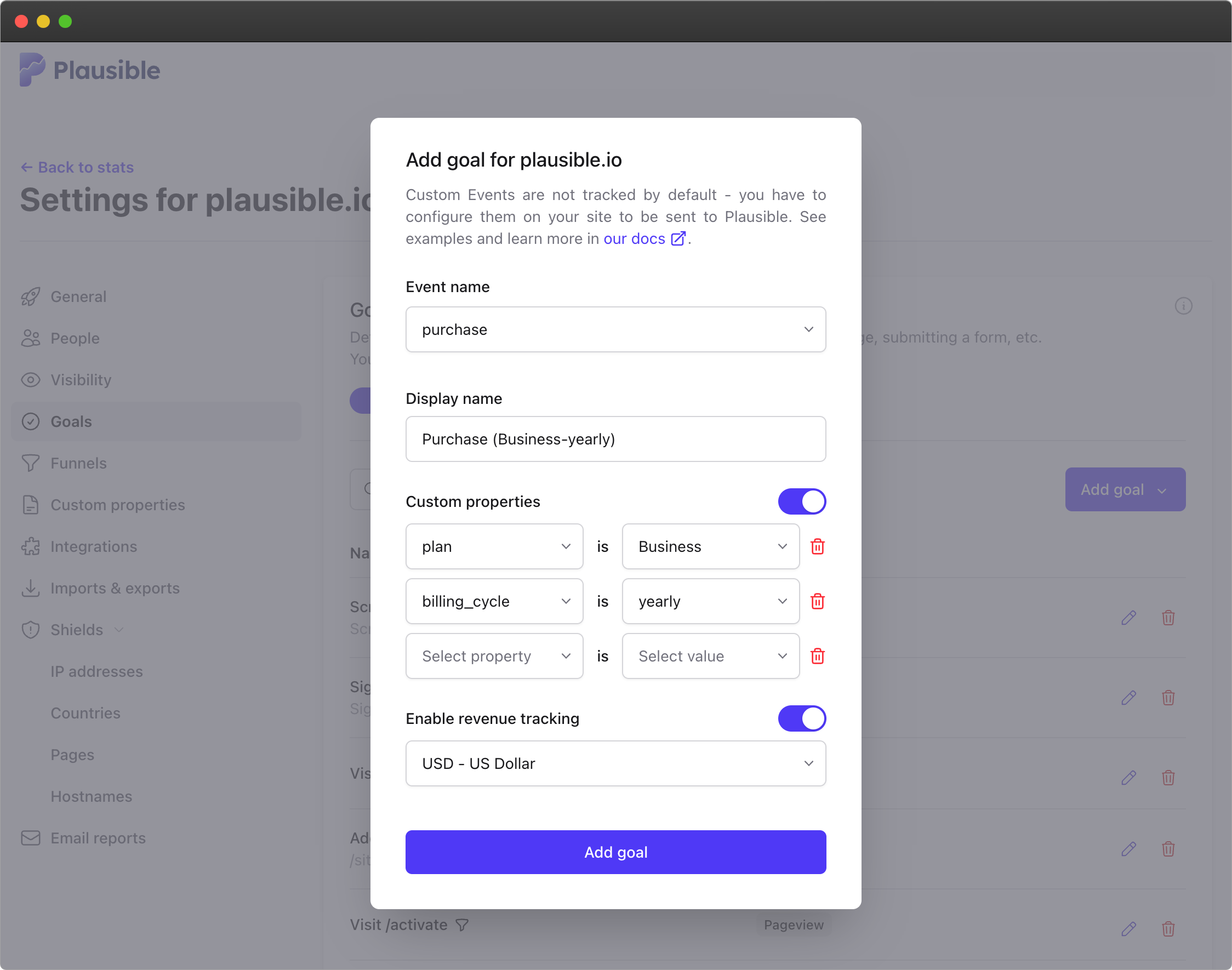 Add your custom event goal
