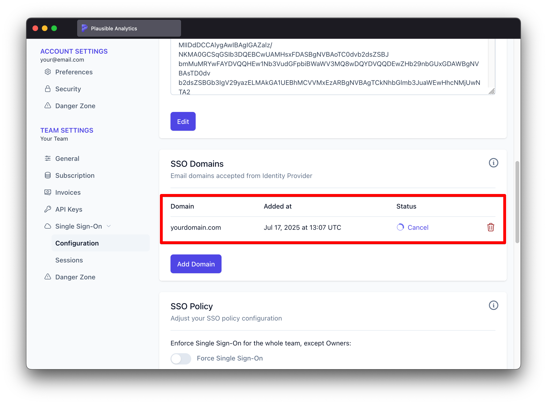 Pending SSO domain