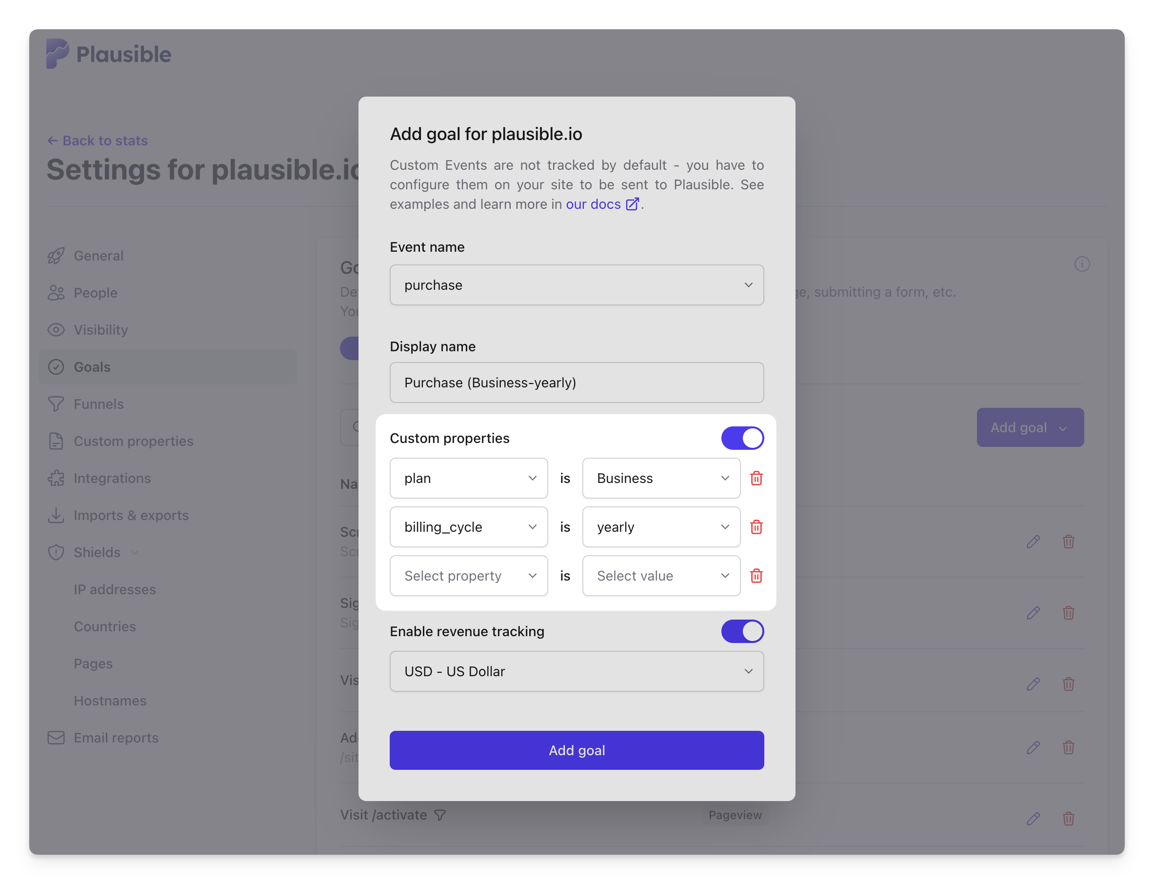 goals with custom properties in plausible analytics