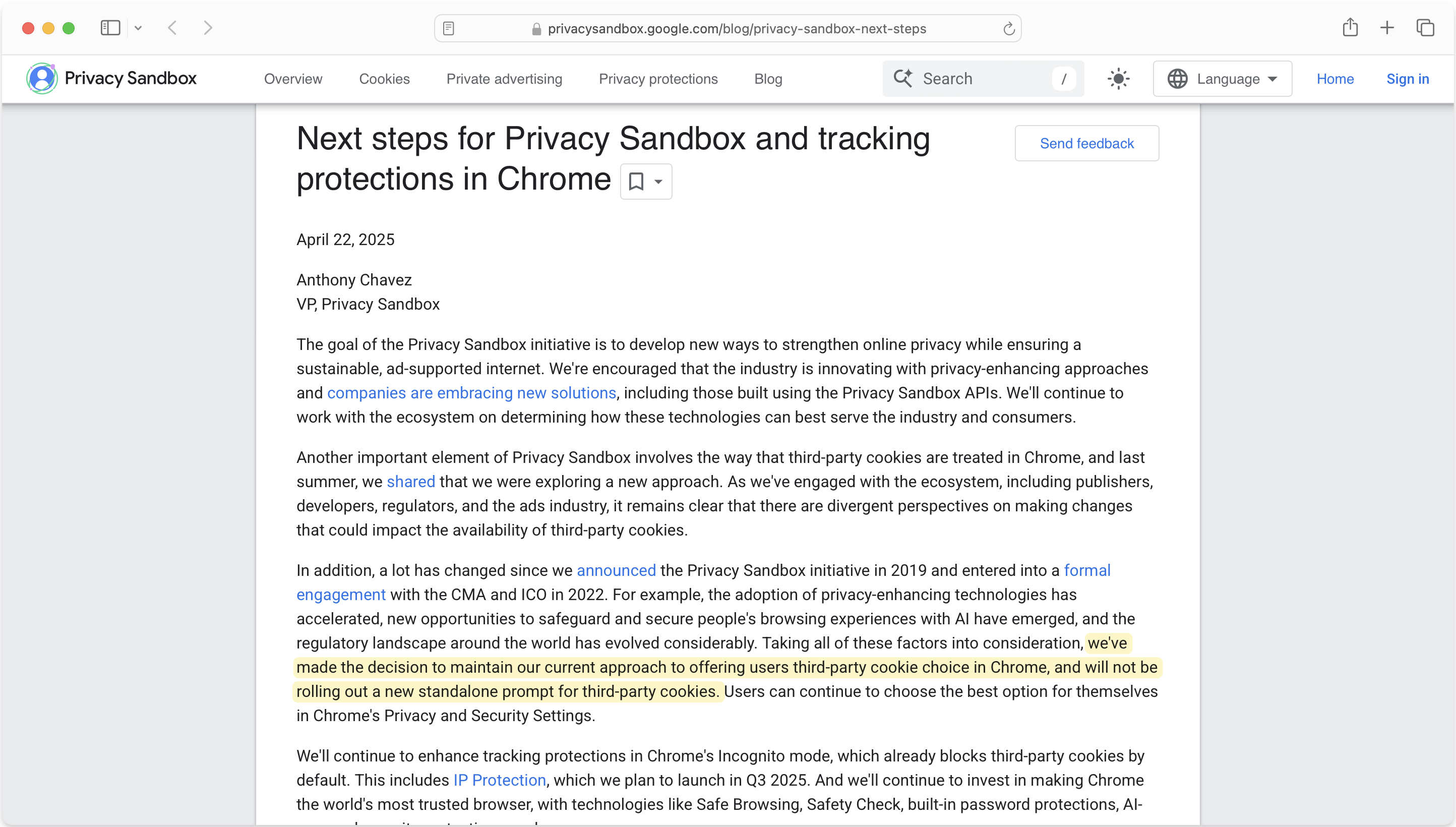 Google's April 2025 Privacy Sandbox announcement about third-party cookie choice in Chrome