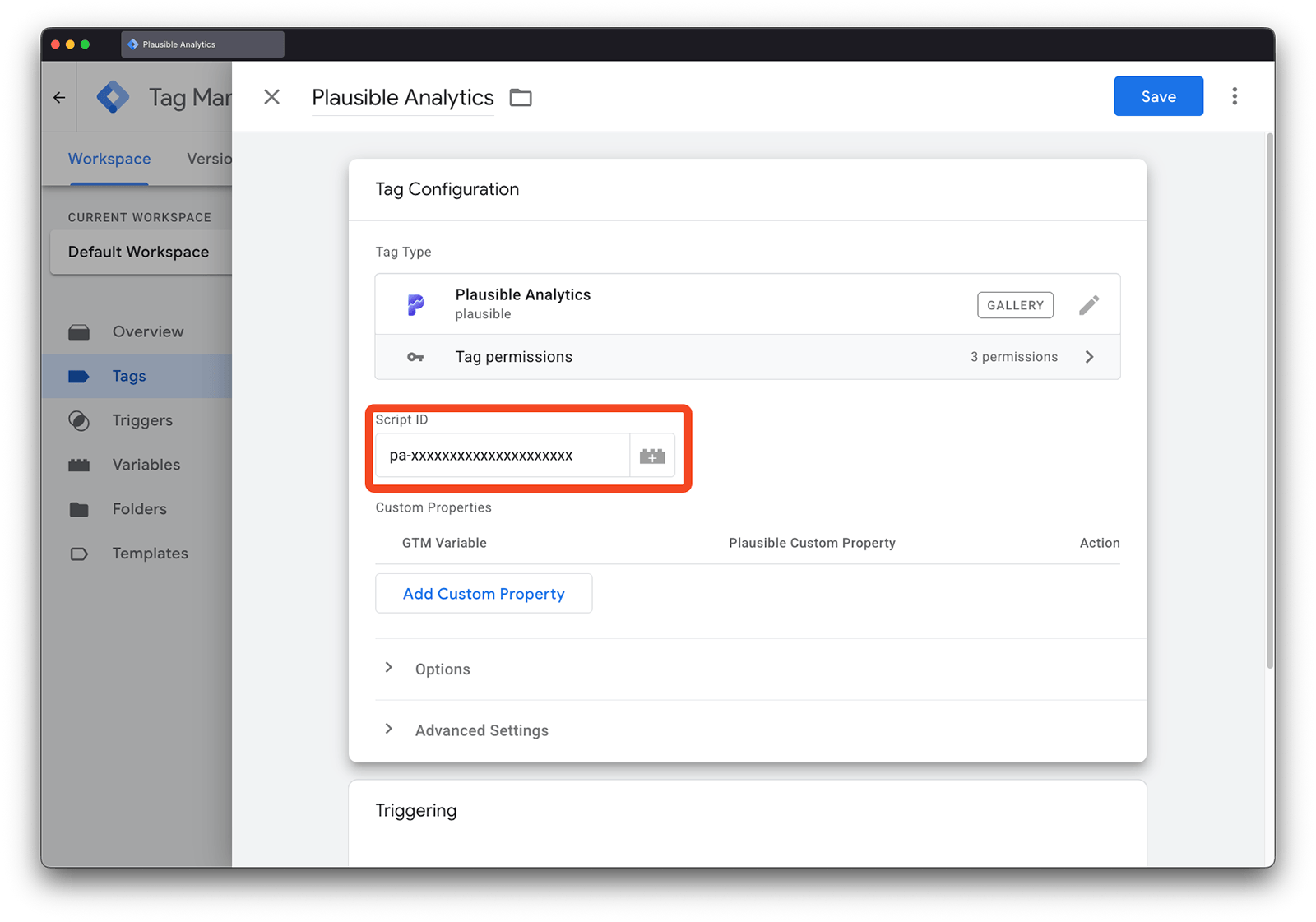 Plausible GTM Template New Tag Script ID